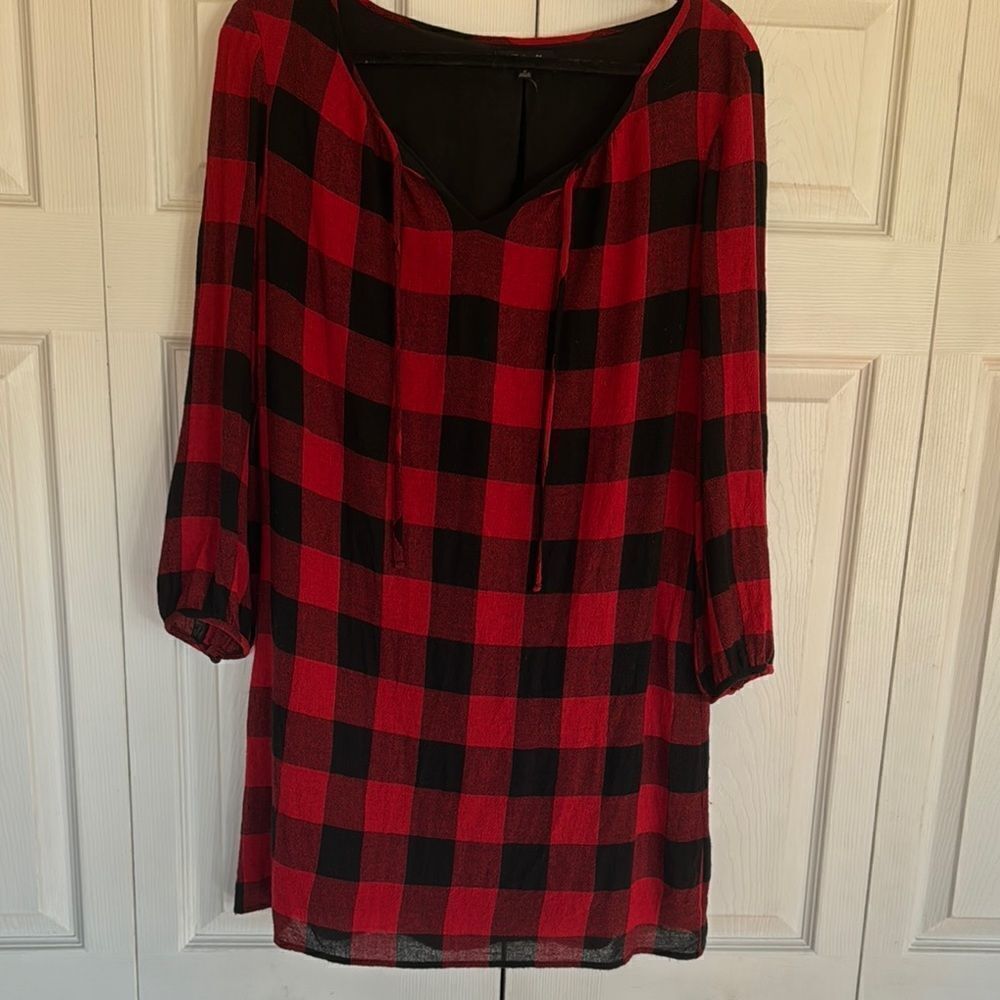Madewell buffalo Plaid V-Neck 3/4 Sleeve Tunic Dress